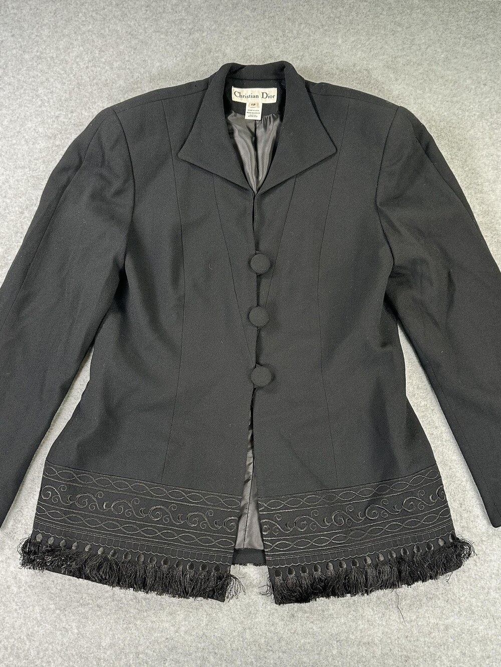 Vintage Christian Dior Blazer Jacket Womens 12 Black Wool Fringe Embroidered